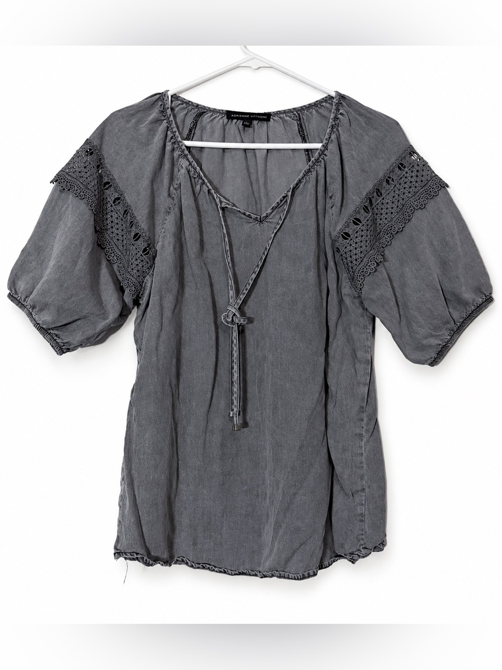 Adrienne Vittadini Gray Lace Sleeve Tie Neck Blouse Women’s Large
